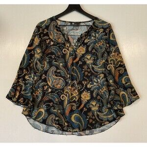 M Made In Italy 3/4 Bell Sleeve Top Medium Black Floral Paisley Boho Whimsical